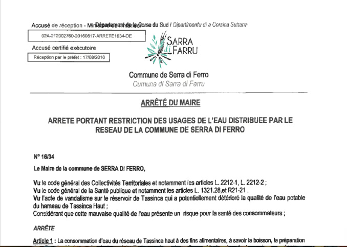 Arrêté portant restriction des usages de l'eau distribuée par le réseau de la commune de Serra di Ferro