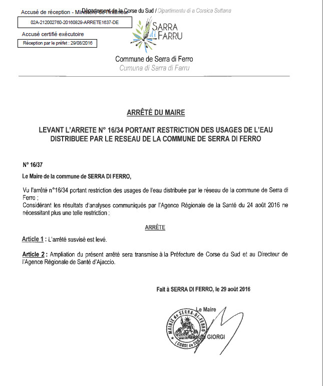 Arrêté 16/37 levant restriction de l'interdiction de l'usage de l'eau