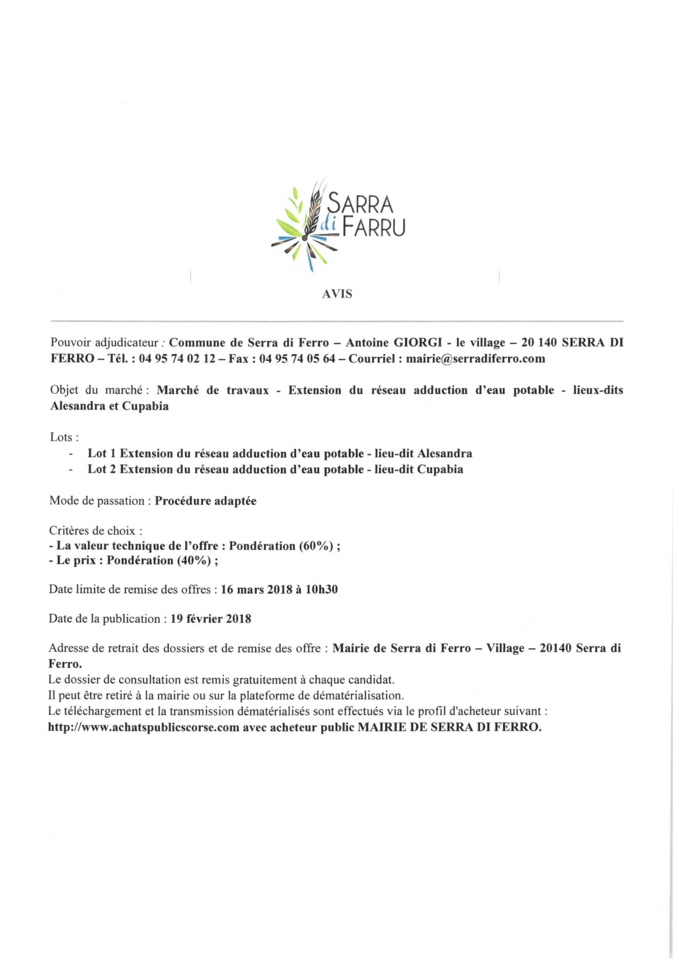 Marché de travaux-Extension du réseau d'eau potable aux lieux dits Alesandra et cupabia Marché de travaux-Extension du réseau d'eau potable aux lieux dits Alesandra et cupabia
