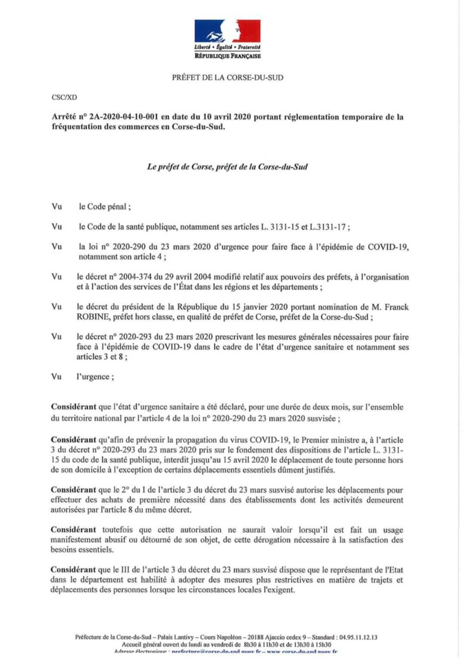 Arrêté du 10 avril portant réglementation temporaire de la fréquentation des commerces en Corse du Sud