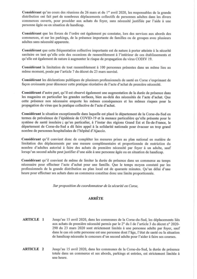 Arrêté du 10 avril portant réglementation temporaire de la fréquentation des commerces en Corse du Sud Arrêté du 10 avril portant réglementation temporaire de la fréquentation des commerces en Corse du Sud