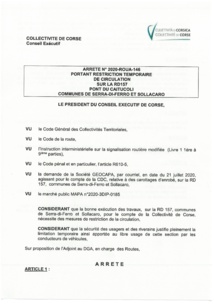 Arrêté n 2020-ROUA-146  portant   restriction temporaire de circulation sur la RD 157 pont du Caitucoli sur les communes de Serra di Ferro et Sollacaro le 30 et 31 juillet 2020