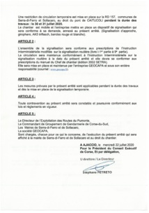 Arrêté n 2020-ROUA-146  portant   restriction temporaire de circulation sur la RD 157 pont du Caitucoli sur les communes de Serra di Ferro et Sollacaro le 30 et 31 juillet 2020