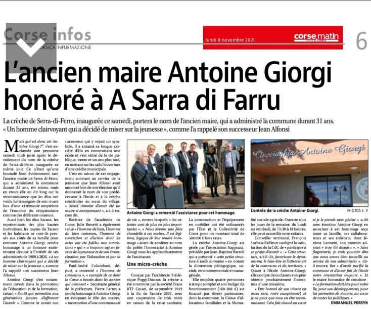 Article du Corse Matin de Emmanuel Persyn du 8 novembre 2021 Article du Corse Matin de Emmanuel Persyn du 8 novembre 2021