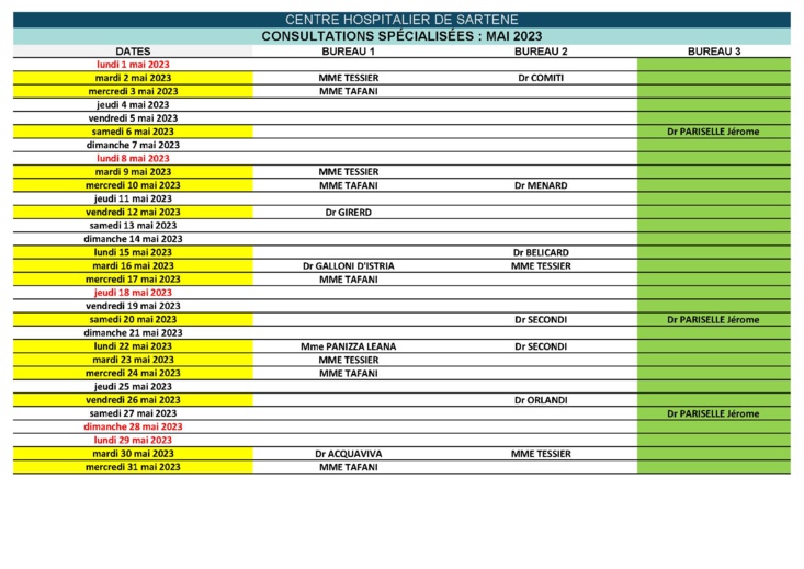 TABLEAUX DE GARDE HÔPITAL DE SARTÈNE MAI 2023 TABLEAUX DE GARDE HÔPITAL DE SARTÈNE MAI 2023