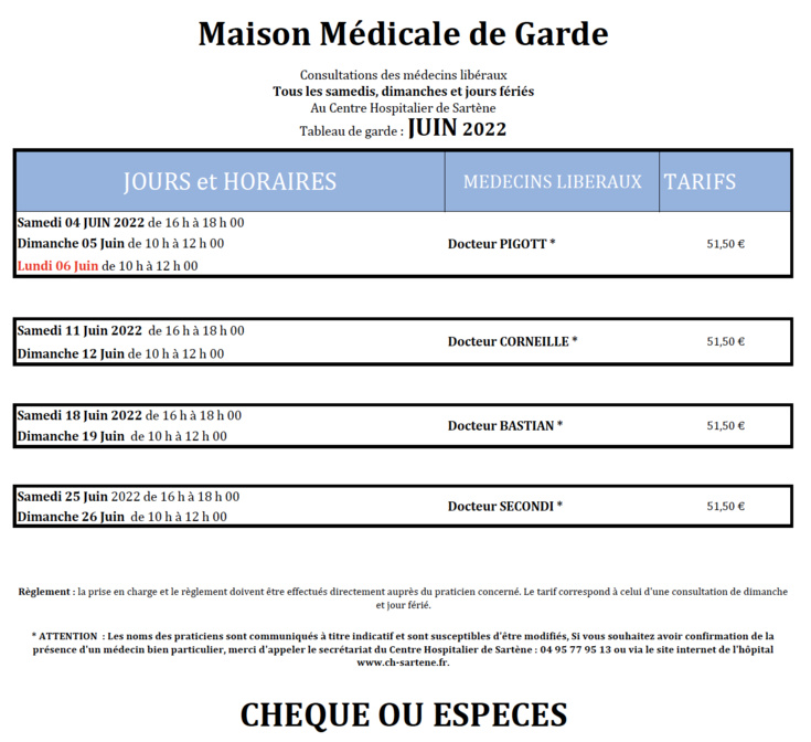 TABLEAU DE GARDE HÔPITAL DE SARTÈNE JUIN 2022 TABLEAU DE GARDE HÔPITAL DE SARTÈNE JUIN 2022
