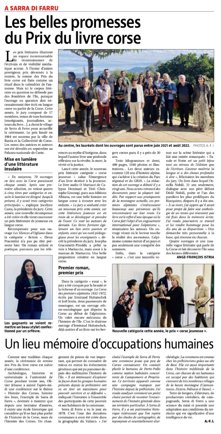 Article de Corse Matin du 17/10/2022 d'Ange-François ISTRIA Article de Corse Matin du 17/10/2022 d'Ange-François ISTRIA