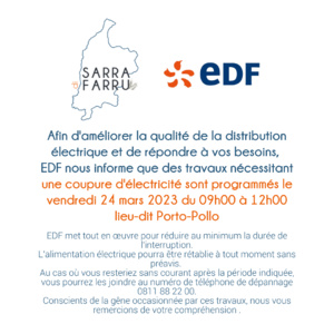 ℹ️ Coupure d'électricité - vendredi 24 mars à Porto-Pollo ℹ️ Coupure d'électricité - vendredi 24 mars à Porto-Pollo