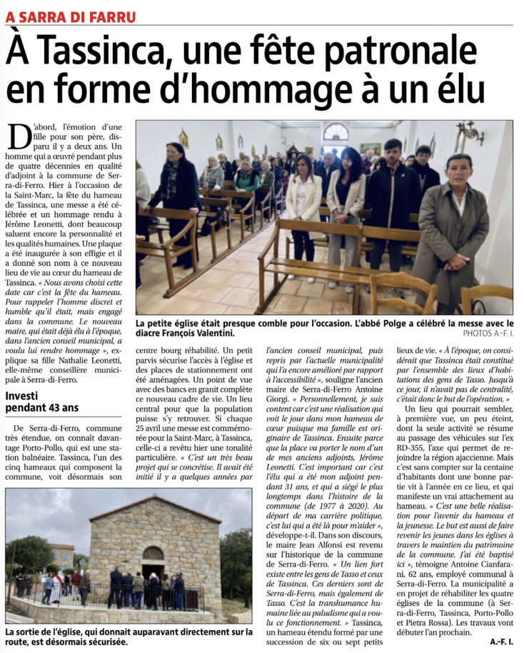 Article de Corse Matin du 24/04/23 d'Ange-François ISTRIA Article de Corse Matin du 24/04/23 d'Ange-François ISTRIA
