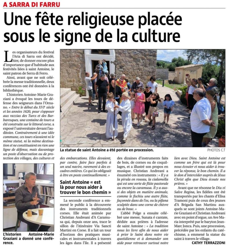 Article de Corse Matin du 14/06/2023 de Cathy TERRAZZONI Article de Corse Matin du 14/06/2023 de Cathy TERRAZZONI