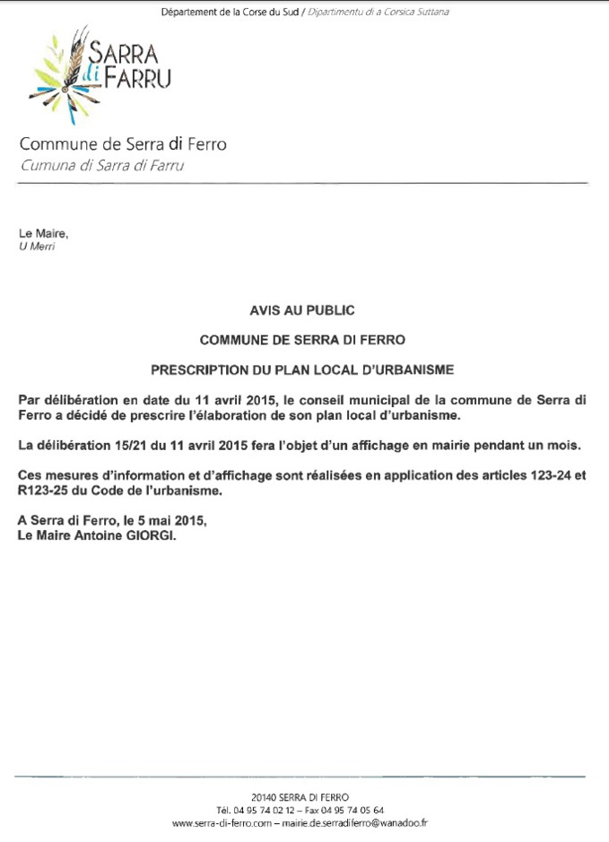 Prescription du PLU de la commune de Serra di Ferro