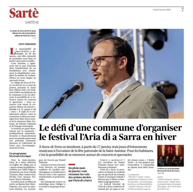 Article de Cathy TERRAZZONI dans le Corse-Matin du 9 janvier 2024 Article de Cathy TERRAZZONI dans le Corse-Matin du 9 janvier 2024