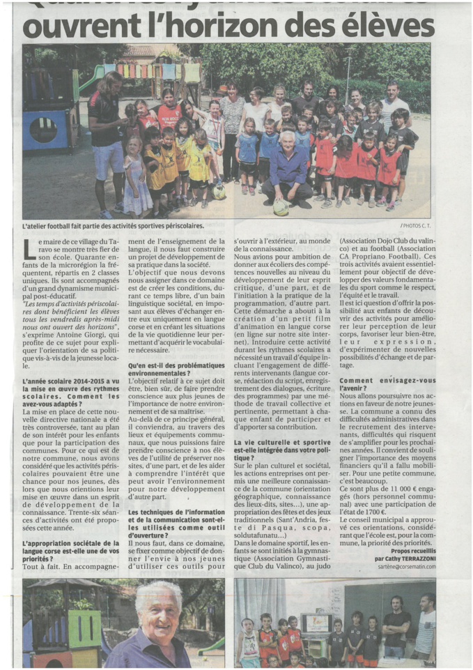 Article  de Cathy Terrazzoni sur les rythmes scolaires dans le corse matin avec notre Maire Antoine Giorgi Article  de Cathy Terrazzoni sur les rythmes scolaires dans le corse matin avec notre Maire Antoine Giorgi