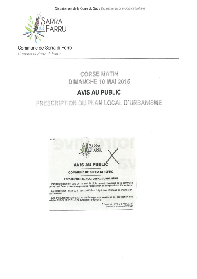 CORSE MATIN 10 MAI 2015 PRESCIPTION DU PLAN LOCAL D'URBANISME CORSE MATIN 10 MAI 2015 PRESCIPTION DU PLAN LOCAL D'URBANISME
