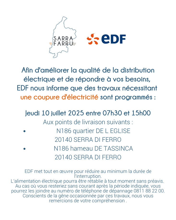 ℹ Coupure d'électricité : jeudi 10 juillet 2025 ℹ Coupure d'électricité : jeudi 10 juillet 2025