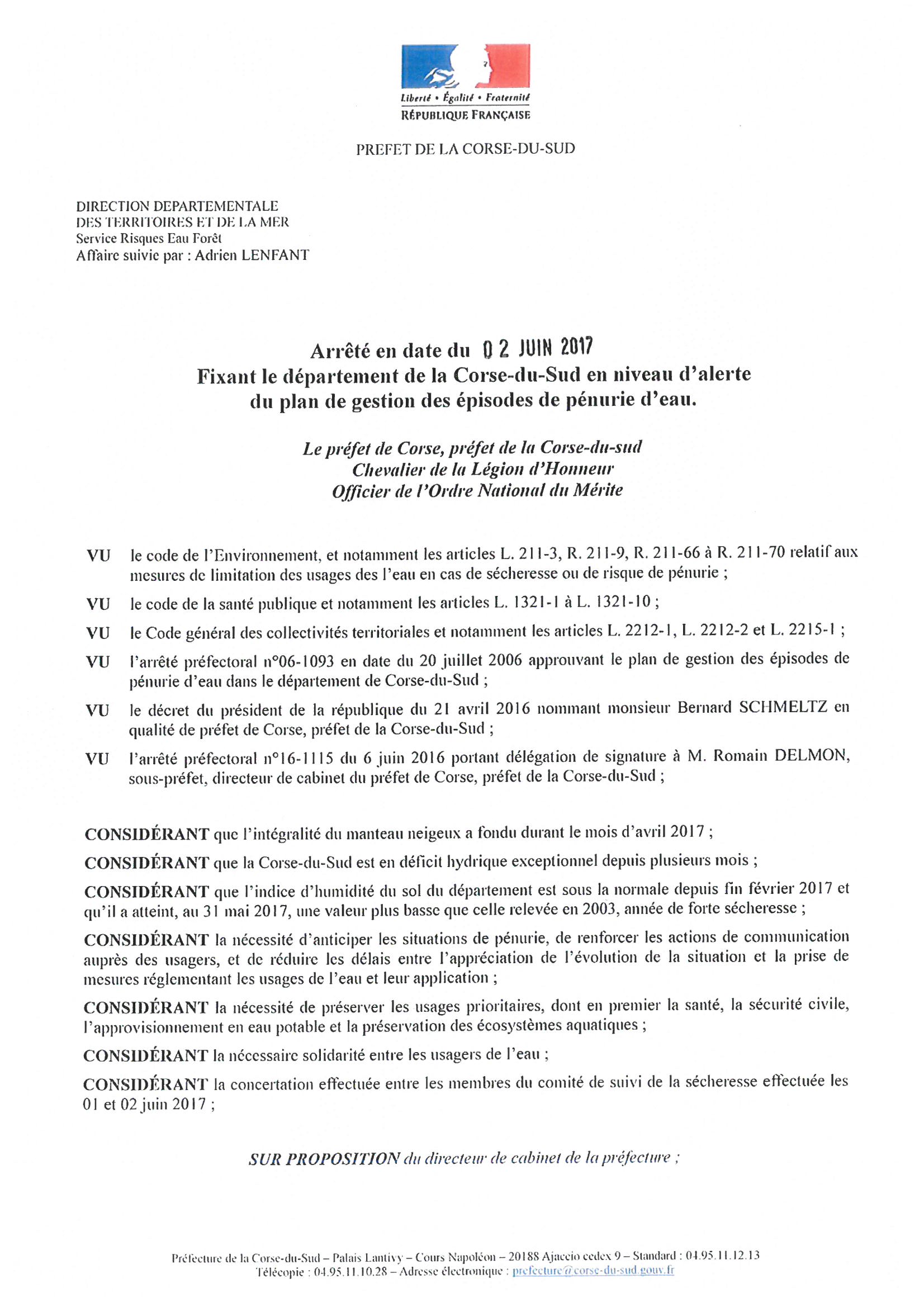 Arrêté en date du 02 juin 2017 fixant le Département de Corse du sud en niveau d'alerte du plan de gestion des épisodes de pénurie d'eau.