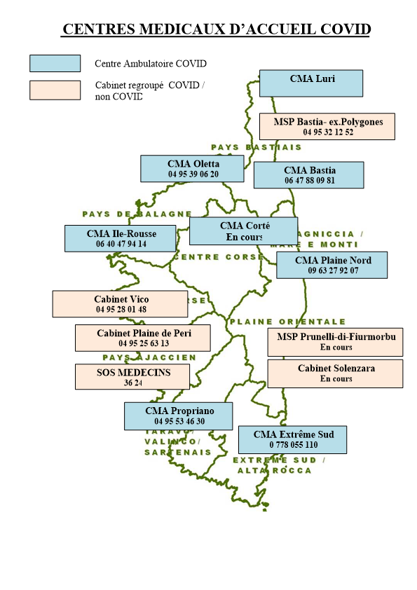 Cartographie des centres médicaux d'accueil COVID du département de la Corse-du-Sud. Cartographie des centres médicaux d'accueil COVID du département de la Corse-du-Sud.