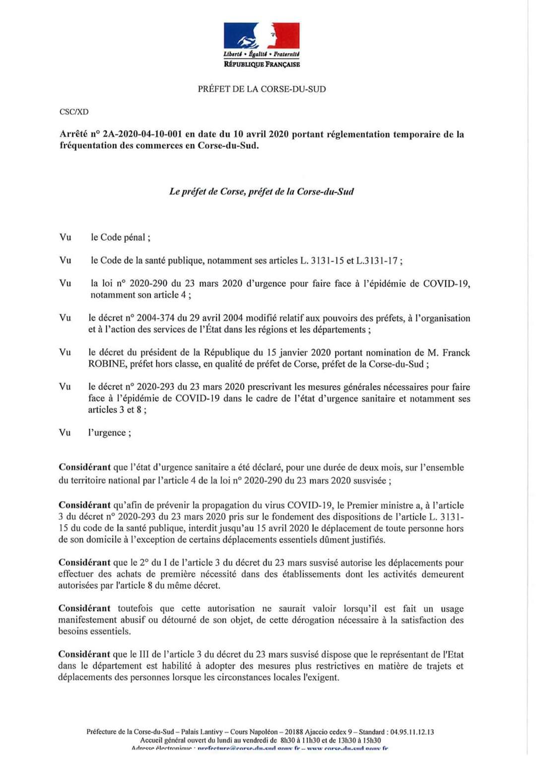 Arrêté du 10 avril portant réglementation temporaire de la fréquentation des commerces en Corse du Sud