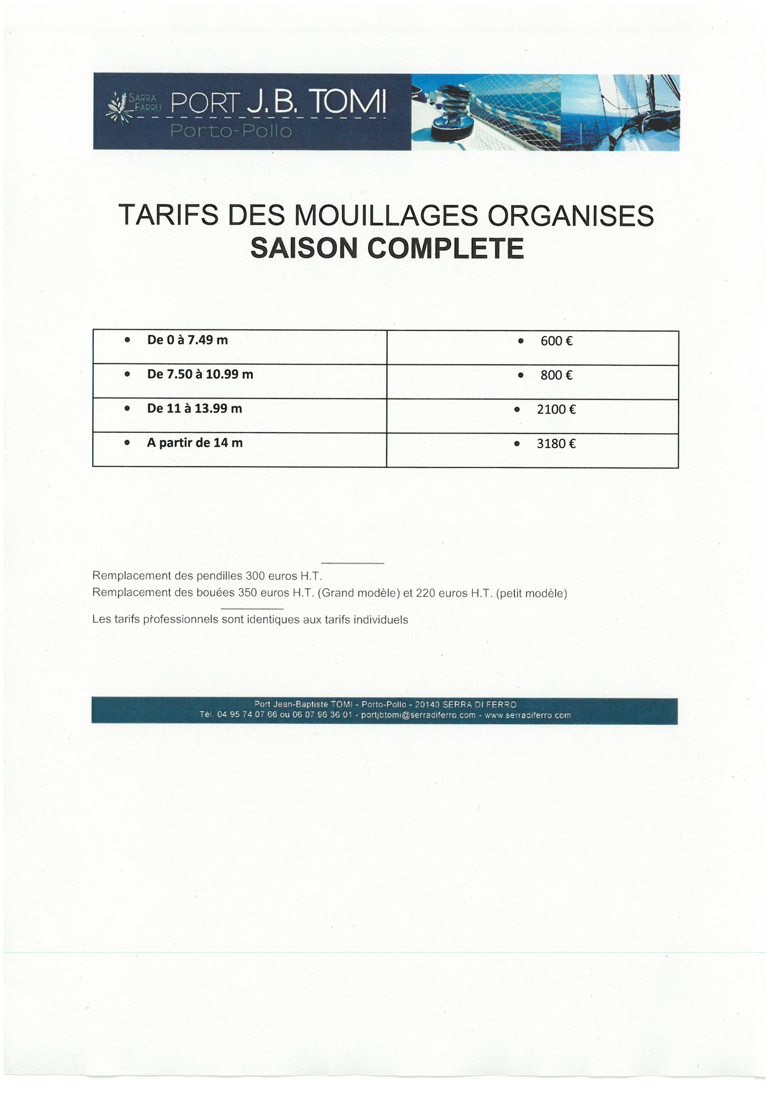  Tarifs du port Jean-Baptiste Tomi 2020