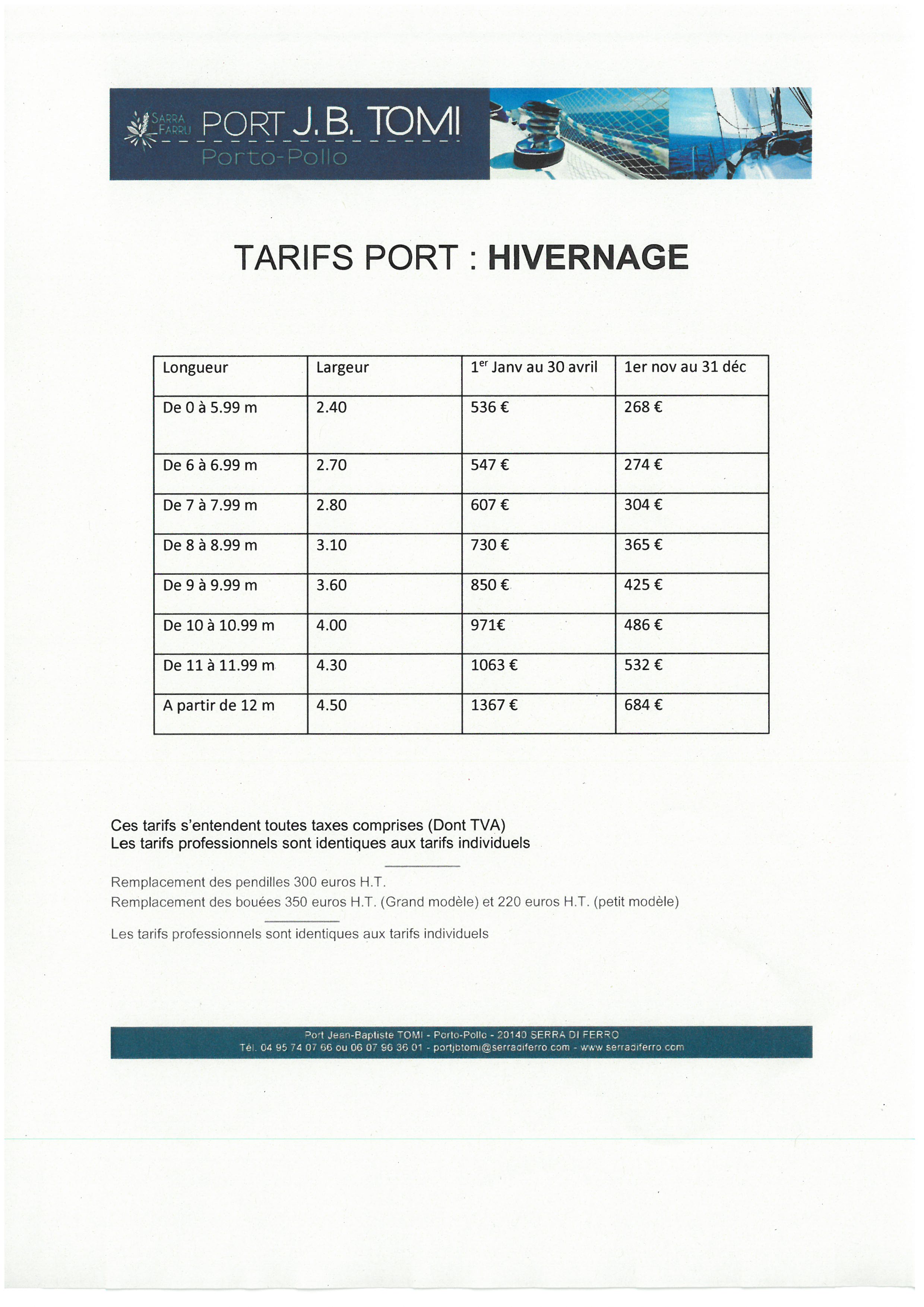  Tarifs du port Jean-Baptiste Tomi 2020