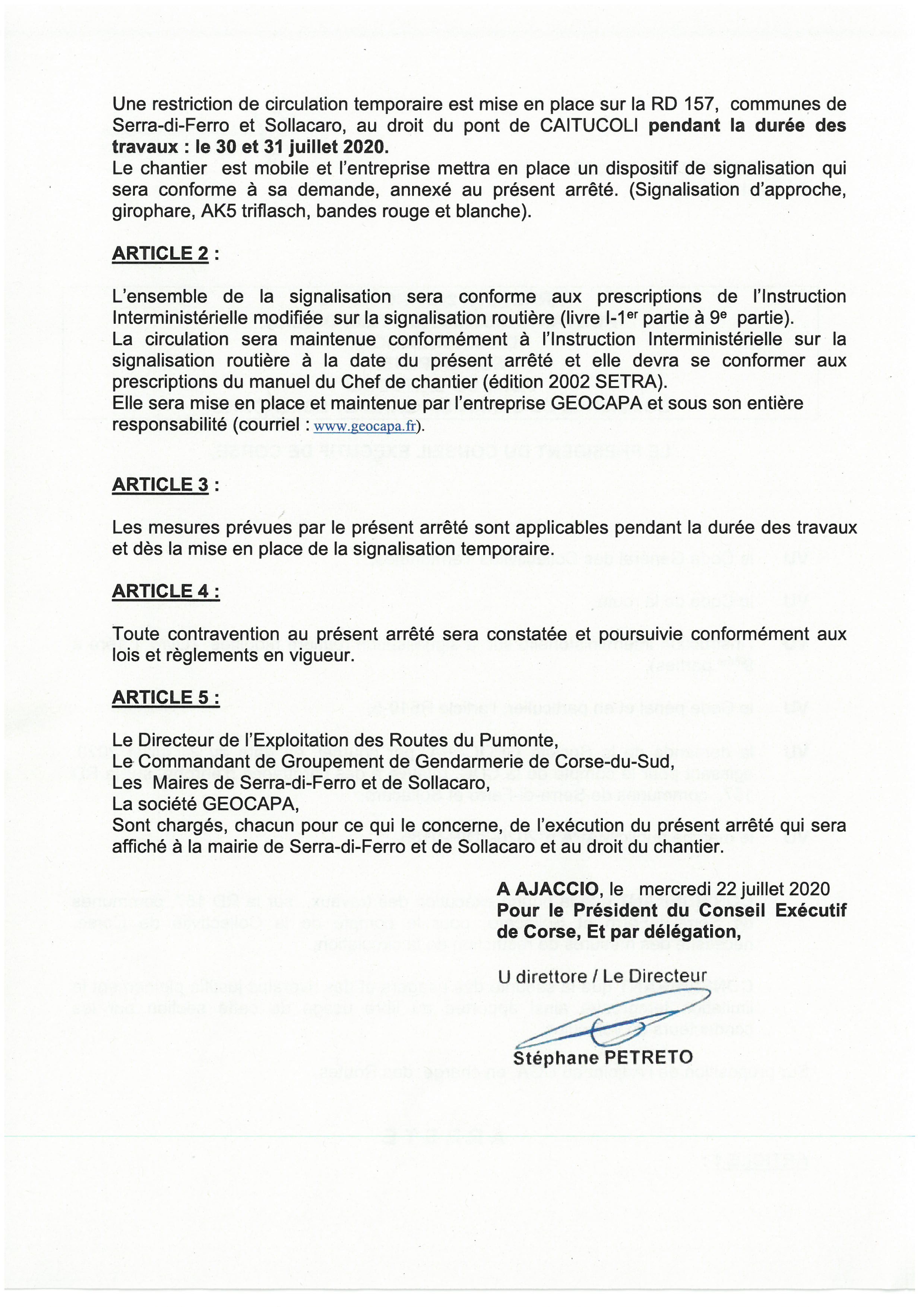 Arrêté n 2020-ROUA-146  portant   restriction temporaire de circulation sur la RD 157 pont du Caitucoli sur les communes de Serra di Ferro et Sollacaro le 30 et 31 juillet 2020