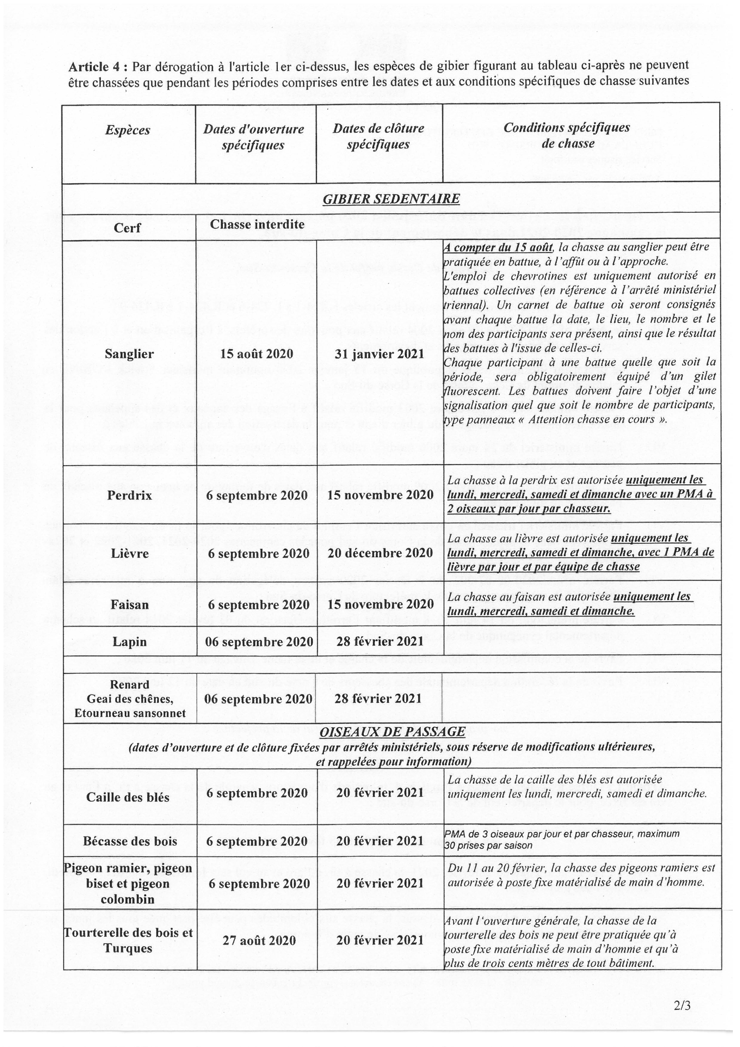  Arrêté n°2A2020-07-10-002 du 10 juillet 2020 portant sur l'ouverture et clôture de la chasse pour la campagne 2020-2021 dans le département de la Corse du sud