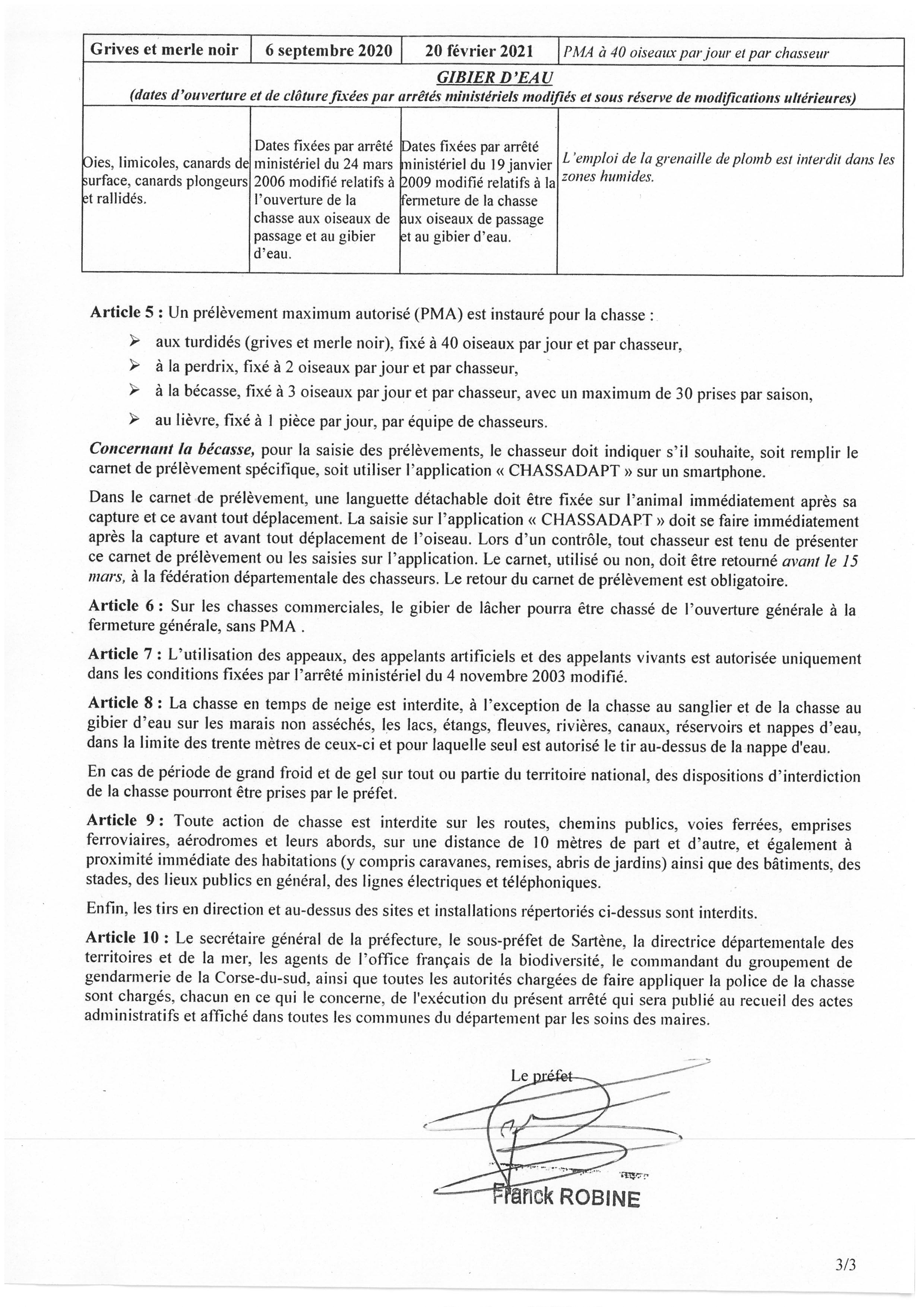  Arrêté n°2A2020-07-10-002 du 10 juillet 2020 portant sur l'ouverture et clôture de la chasse pour la campagne 2020-2021 dans le département de la Corse du sud