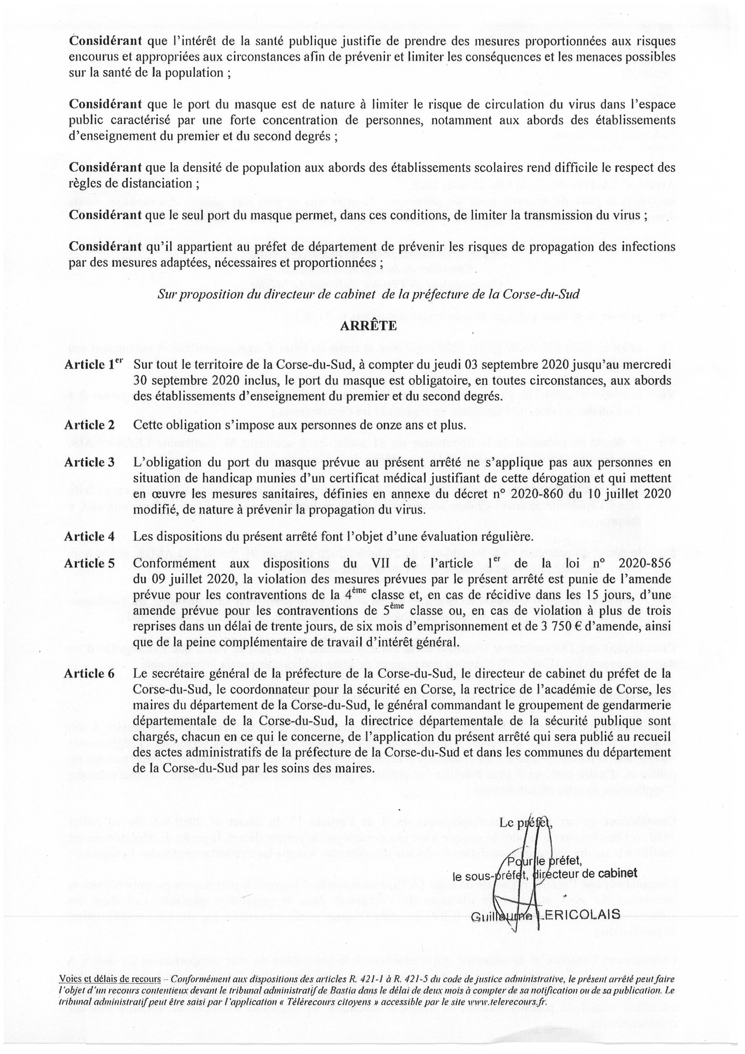 Arrêté n°2A-2020-08-31 -011 du 31 août 2020