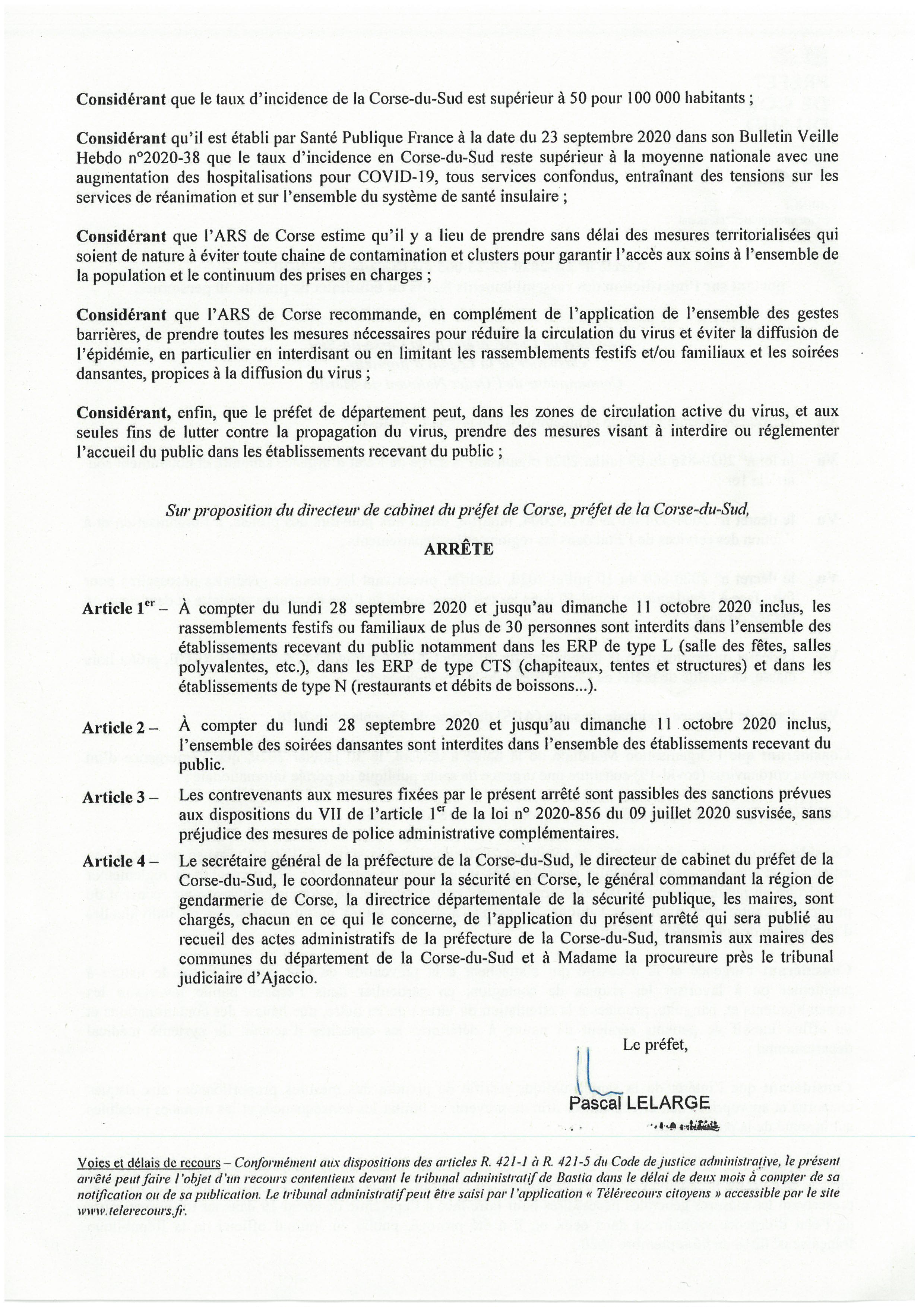 Arrêté n°2A-2020-09-25-00 du 25 septembre 2020 portant sur l'interdiction des rassemblements festifs ou familiaux de plus de 30 personnes