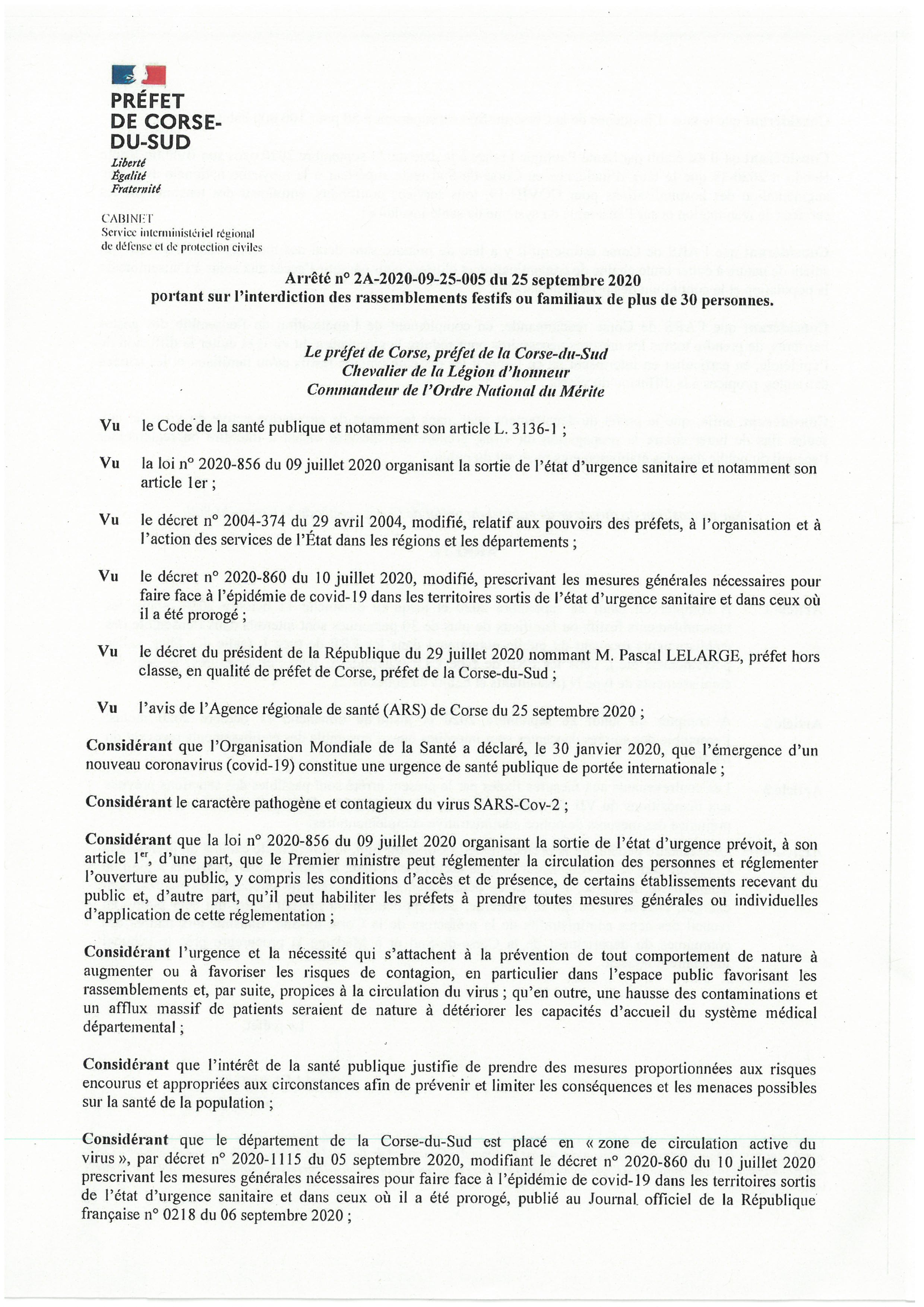 Arrêté n°2A-2020-09-25 - du 25 septembre 2020
