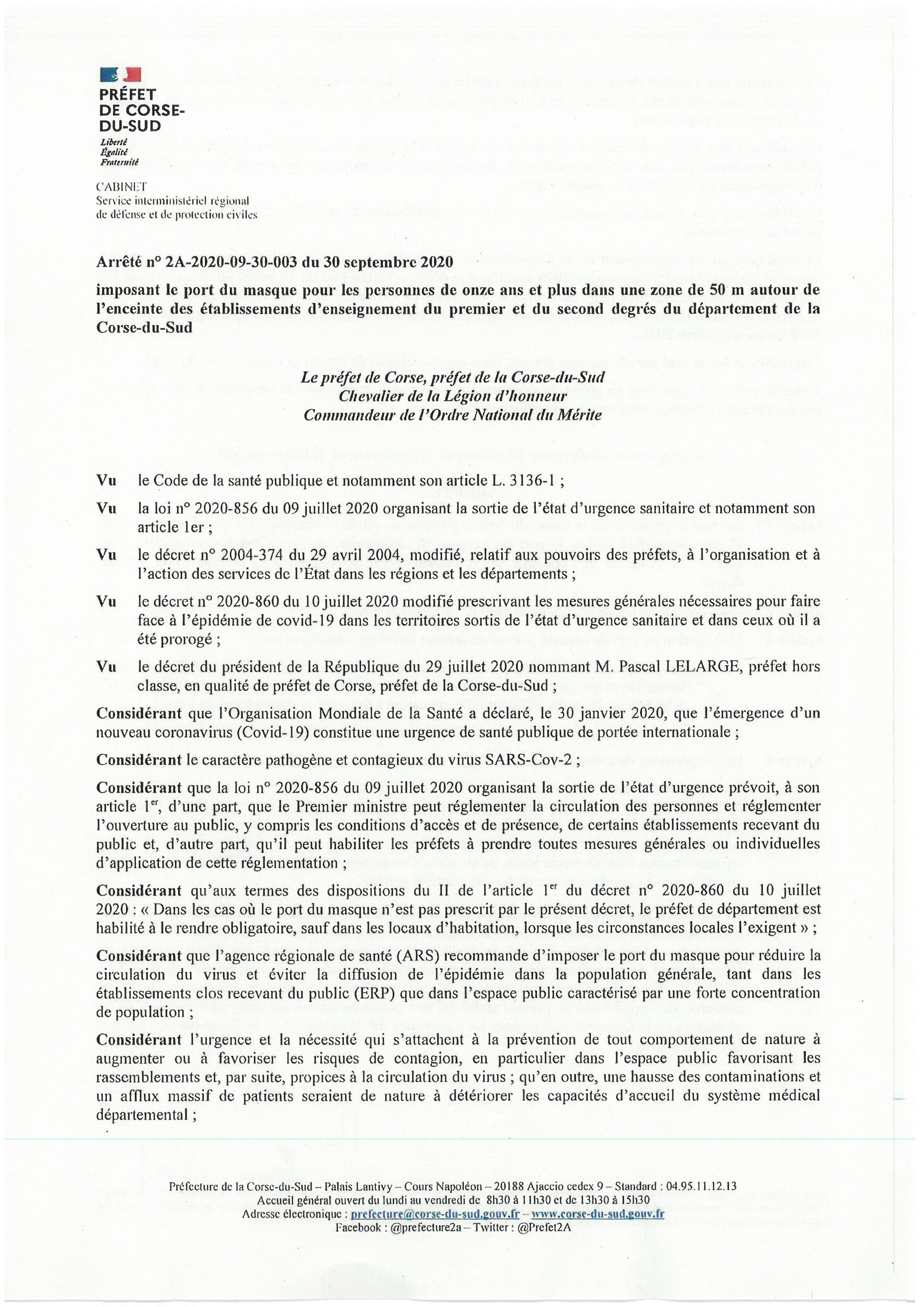Arrêté n°2A-2020-09-30 -003 du 30 septembre 2020