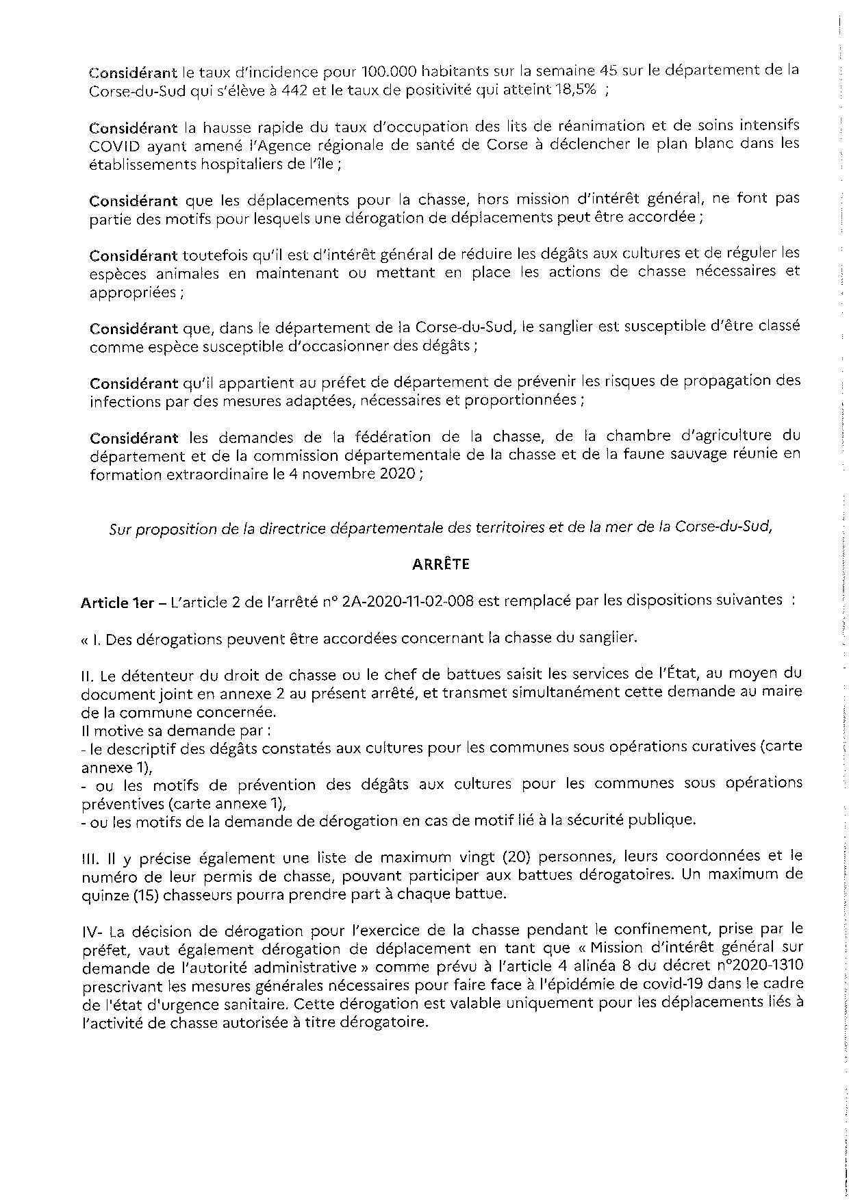  Arrêté n° 2A-2020-11-06-003 modifiant l'arrêté n° 2A-2020-11-02-008 du 02/11/2020 interdisant la chasse sur tout le territoire de la Corse du Sud