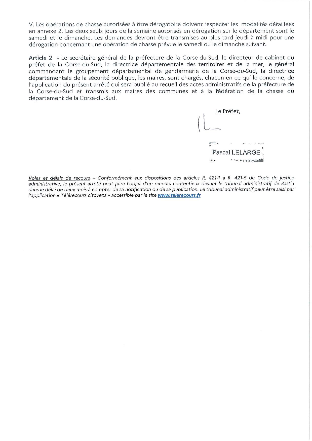  Arrêté n° 2A-2020-11-06-003 modifiant l'arrêté n° 2A-2020-11-02-008 du 02/11/2020 interdisant la chasse sur tout le territoire de la Corse du Sud