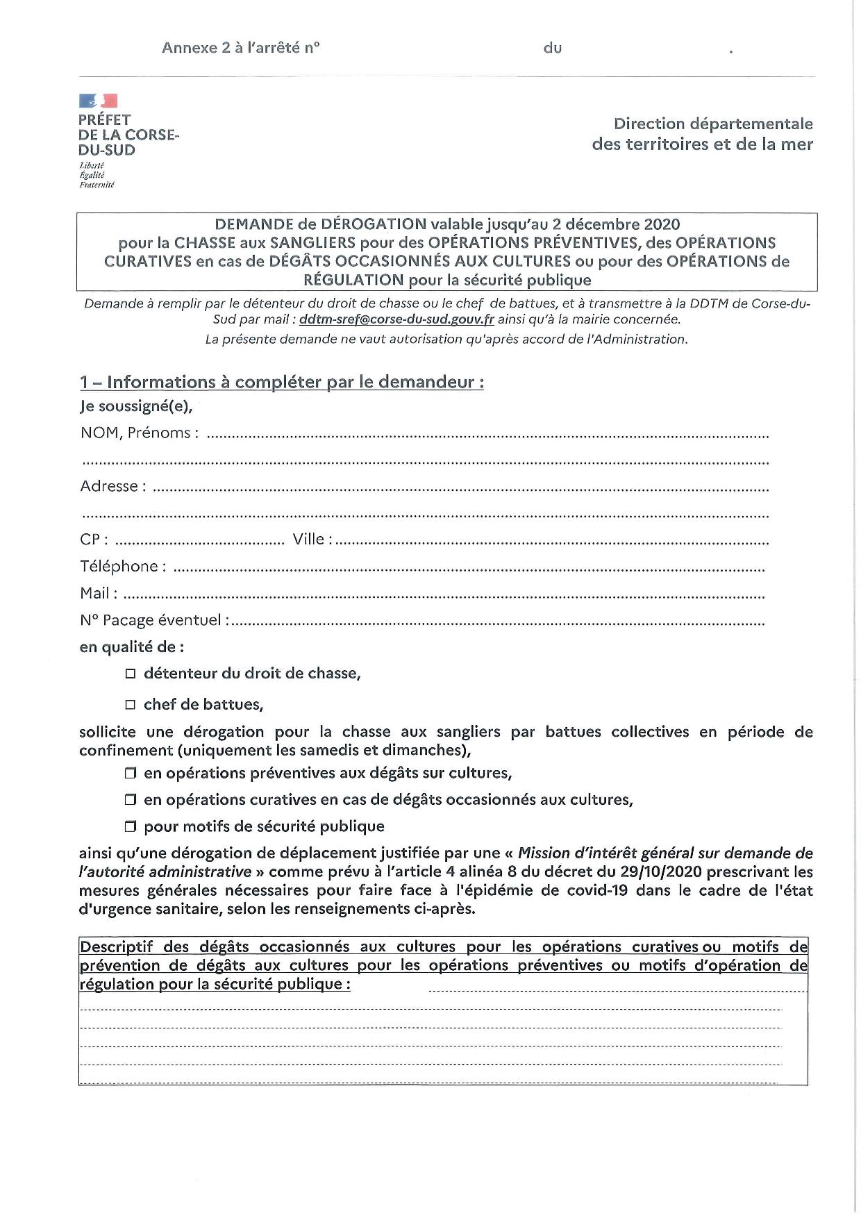 Arrêté n° 2A-2020-11-06-003 modifiant l'arrêté n° 2A-2020-11-02-008 du 02/11/2020 interdisant la chasse sur tout le territoire de la Corse du Sud  Arrêté n° 2A-2020-11-06-003 modifiant l'arrêté n° 2A-2020-11-02-008 du 02/11/2020 interdisant la chasse sur tout le territoire de la Corse du Sud