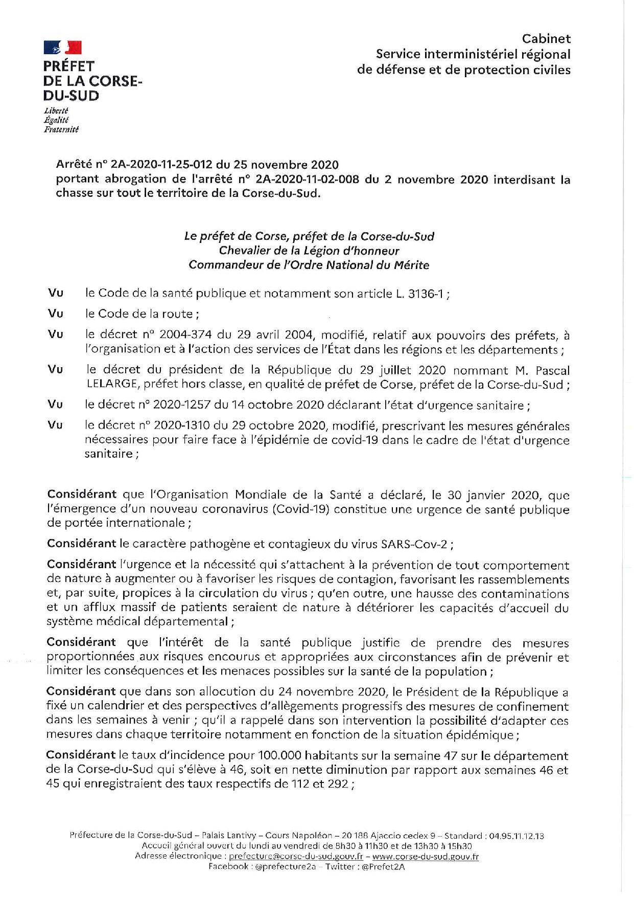 Arrêté préfectoral n° 2A-2020-11-25-012 Arrêté préfectoral n° 2A-2020-11-25-012