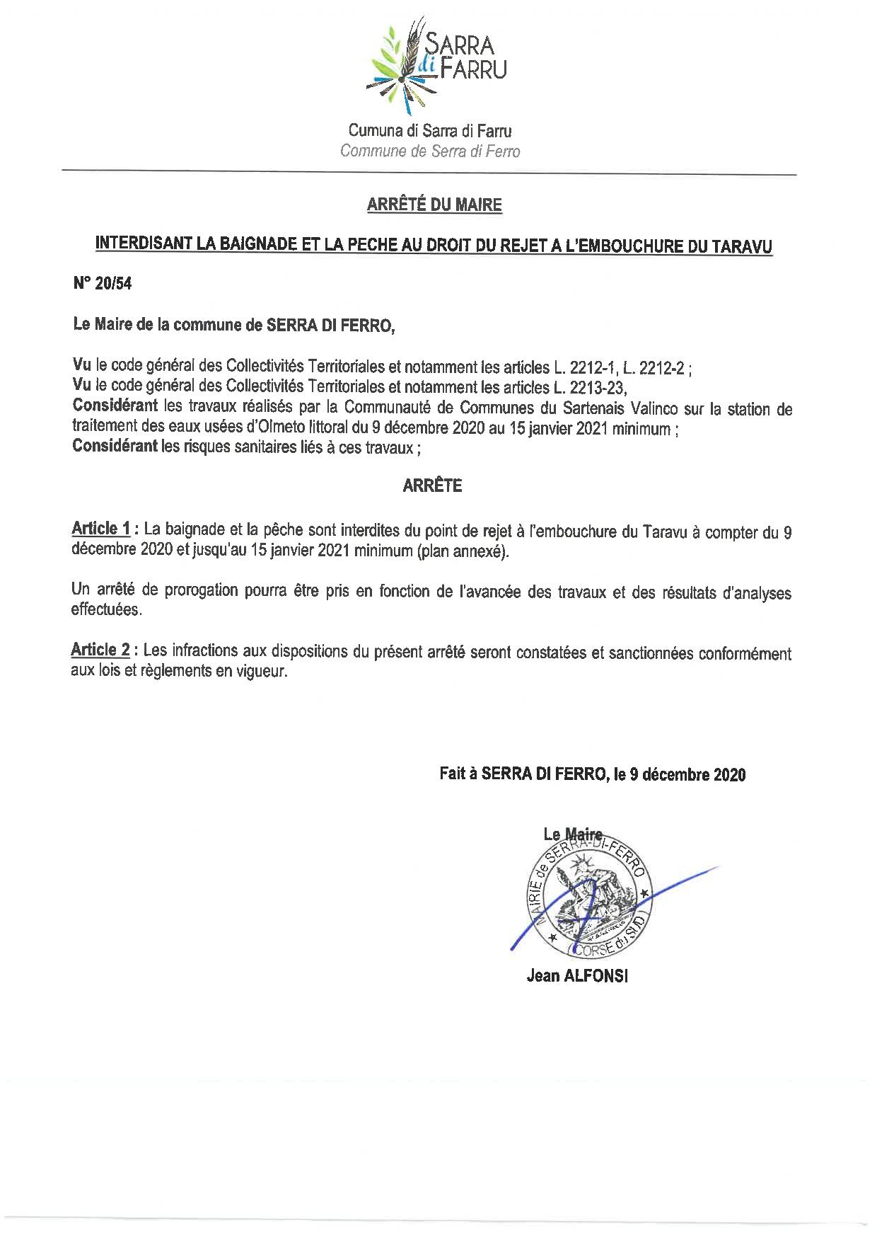  Arrêté interdisant la baignade et la pêche au droit du rejet a l'embouchure du taravu