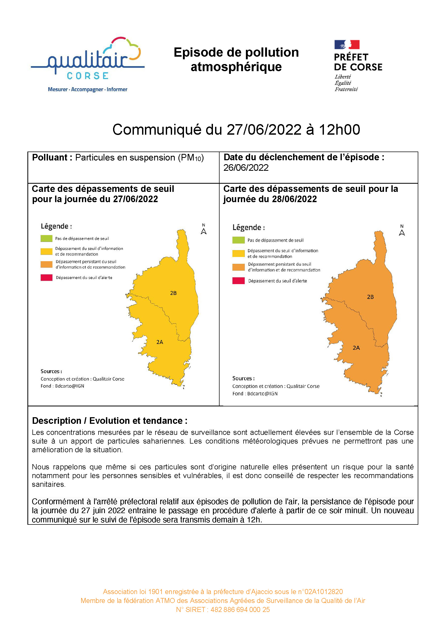 Episode de pollution atmosphérique du 27/06/2022 au 28/06/2022