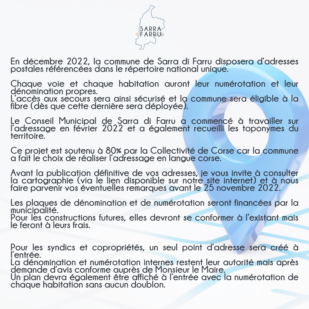 Réalisation de l'adressage sur la commune de Sarra di Farru 
