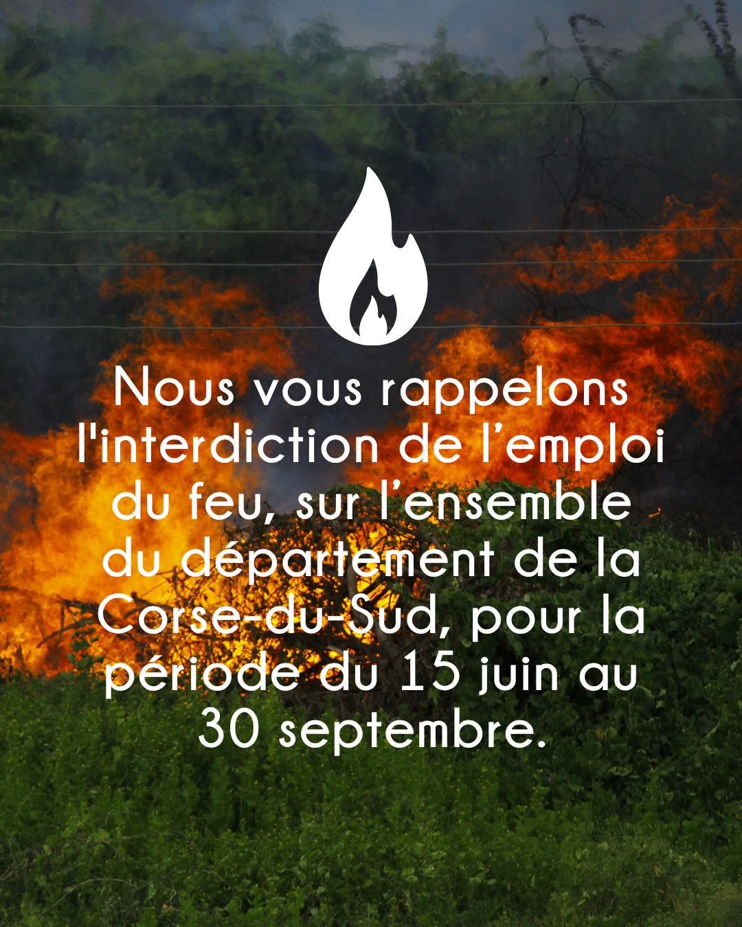 🔥 Interdiction de l’emploi du feu en Corse-du-Sud du 15 juin au 30 septembre 🔥 🔥 Interdiction de l’emploi du feu en Corse-du-Sud du 15 juin au 30 septembre 🔥