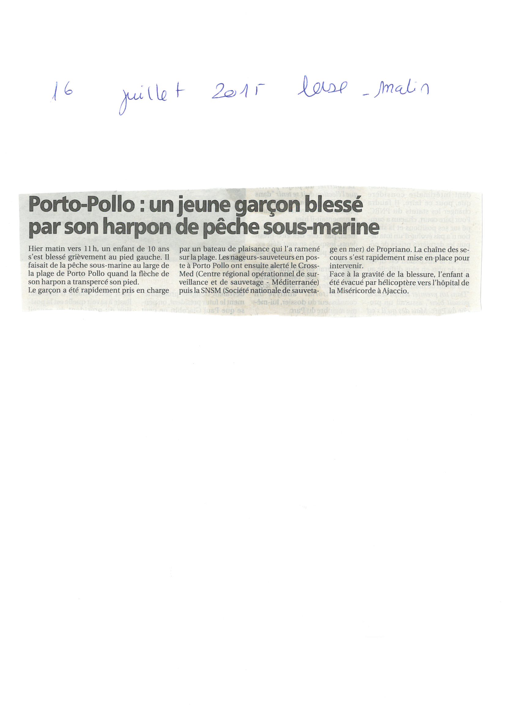 ACCIDENT DE PLONGEE A PORTO POLLO ARTICLE CORSE MATIN 16 JUILLET 2015 ACCIDENT DE PLONGEE A PORTO POLLO ARTICLE CORSE MATIN 16 JUILLET 2015